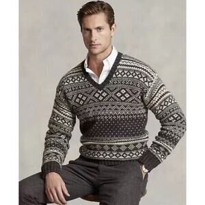 Polo by Ralph Lauren Fair Isle 100% Wool Sweater, V Neck, Luxury, Mens Sz S New